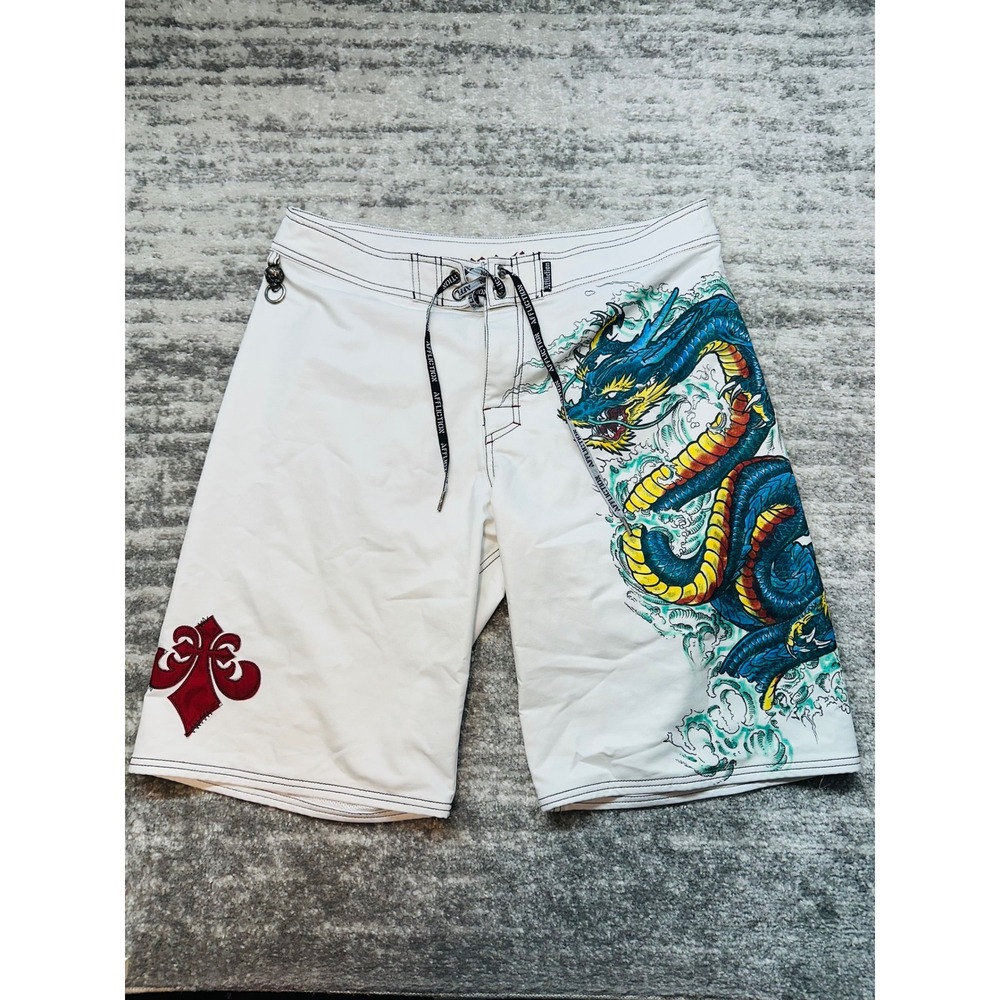 Affliction Board Shorts Mens 36 White Dragon Graphic Y2K MMA Swim Trunks
